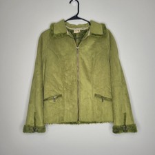 Tsunami Pea Green Faux Suade Faux Fur Trim Zip Front 90s Quirky Coat Jacket Med