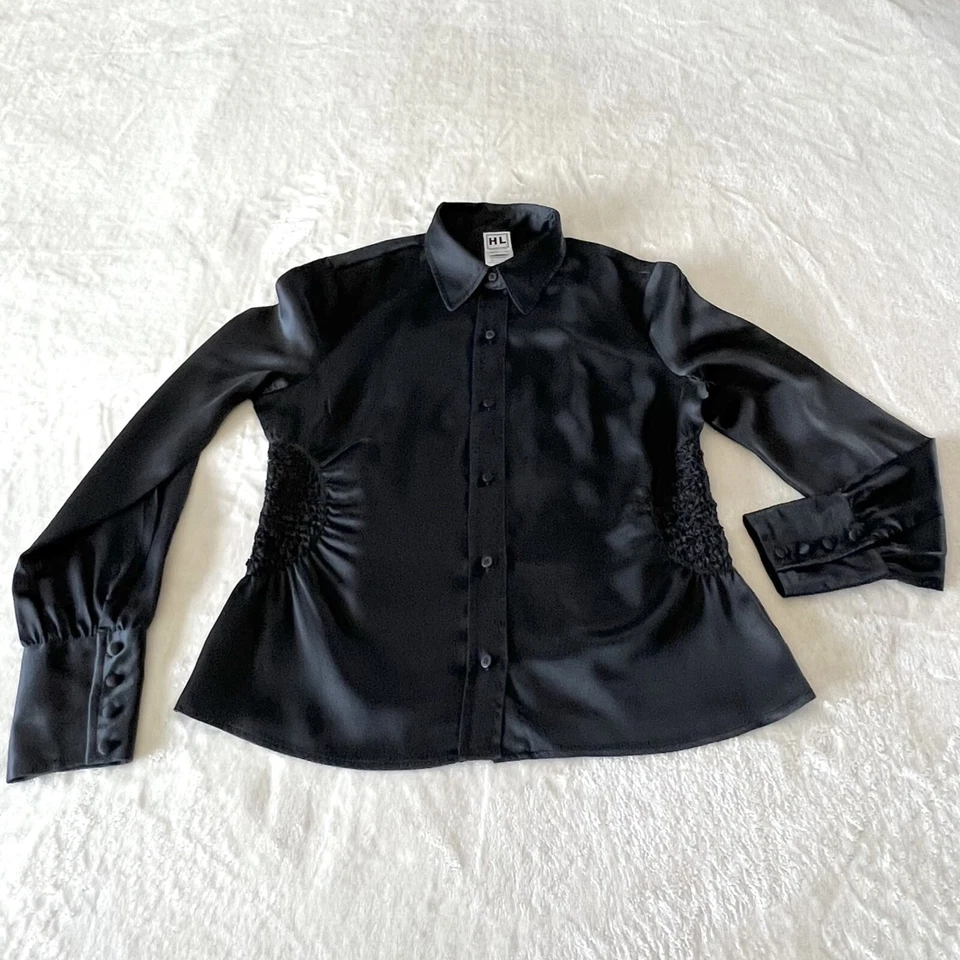 HERVE LEGER PARIS Negro Seda Botón Delantero Top Manga Larga Cintura Fruncida Talla 8 Foto 2 de 4