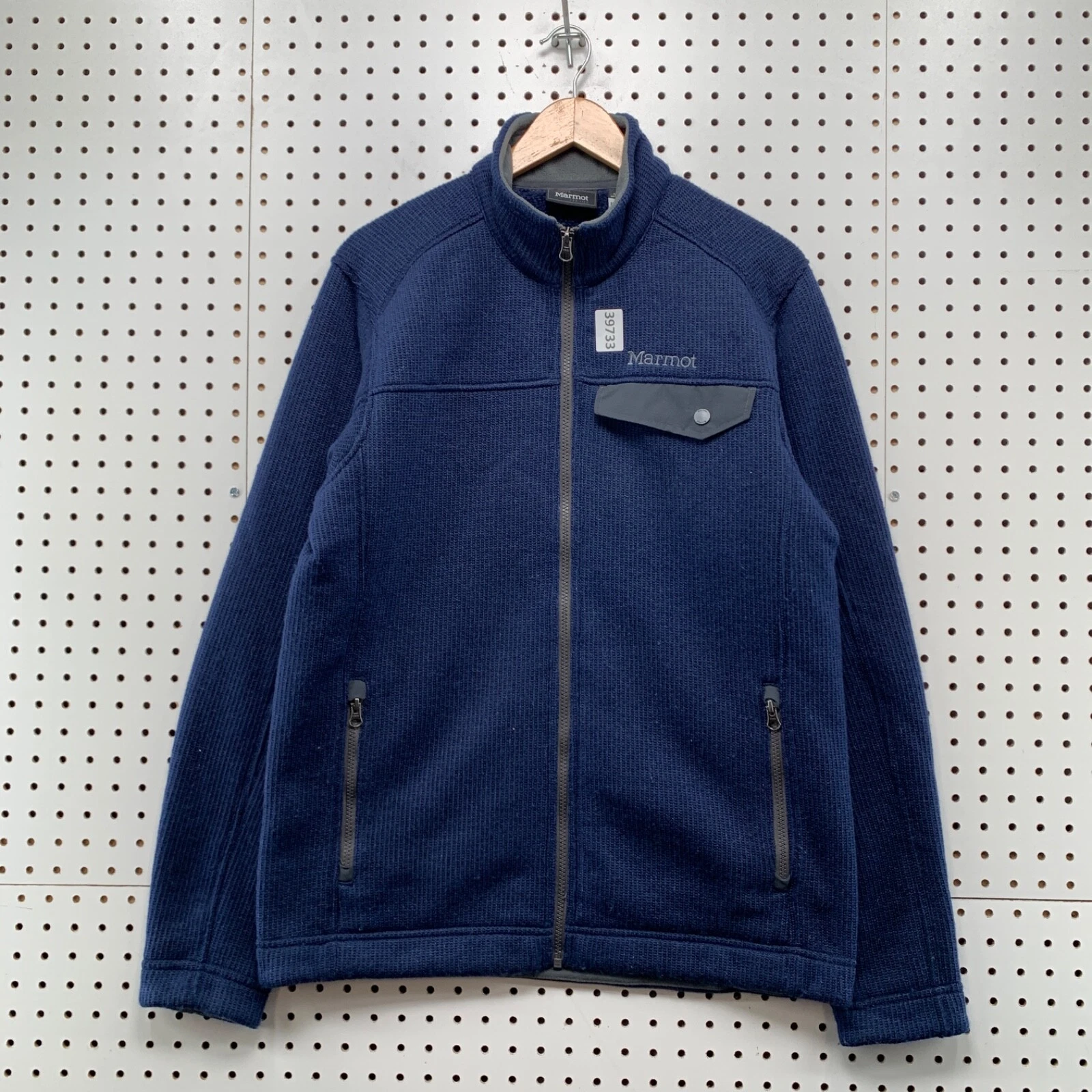 Marmot Wool Blend Knit Zip Jacket Mens Medium Navy Blue Warm Casual 21.5.5x28