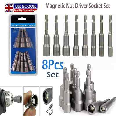 8Pcs 1/4" Hex Magnetic Nut Driver Socket Metric Impact Drill Bit Set ...