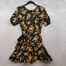 Shein Women Mini Dress Black Yellow Floral Short Sleeve V-Neck Drawstring Size S