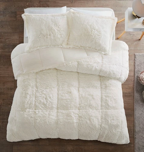 ULTRA SOFT PLUSH IVORY FAUX FUR COMFORTER SET CREAM SHAGGY BEAR HUG BEDDING