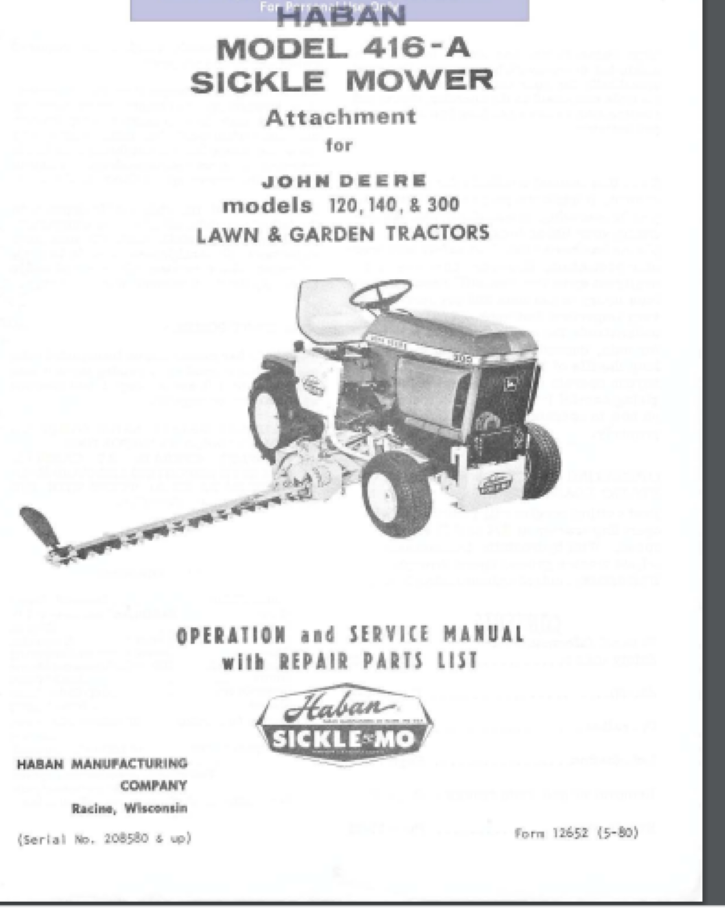 Haban Sickle Model 416-A Owner Manual John Deere 120 140 300