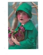 SA2697  ART DECO LITTLE MODEL FASHION DRESSED IN GREEN HEAVY COLORED RPPC