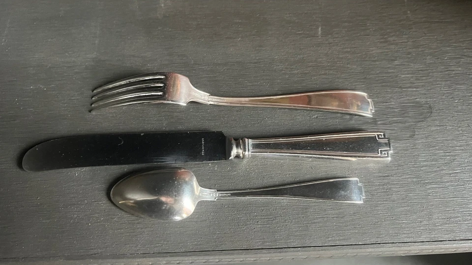 Cubiertos de ley etrusca Gorham. Tenedor de cena, cuchillo y cuchara. 3 piezas Foto 2 de 4