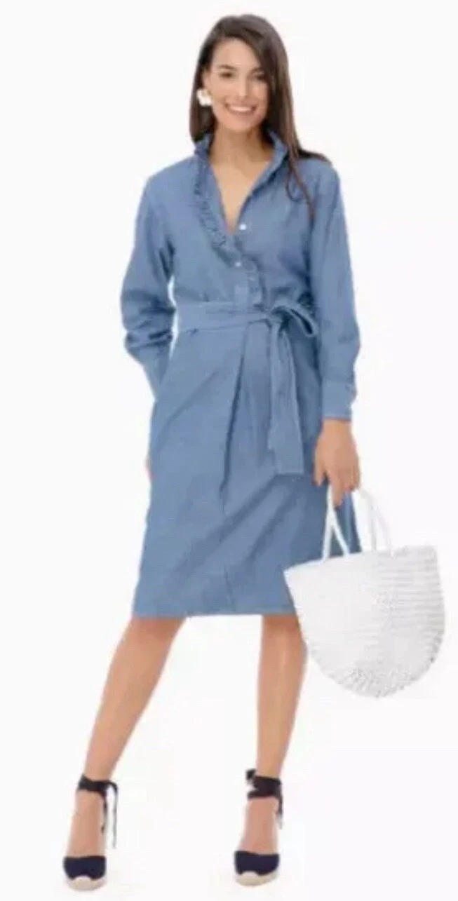 TORY BURCH DENEUVE DENIM SHIRTDRESS IN CHAMBRAY NWT $398 Ruffle 100% Cotton S