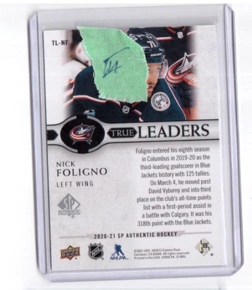2020-21 SP Authentic True Leaders Card TL-NF Nick Foligno Blue Jackets (III) - Image 2 of 2