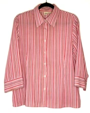 Apt. 9 Pink Multi-Stripe Collar Button Up Qtr Sleeve Stretch Blouse Women Large