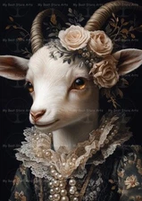 VICTORIAN LADY SHEEP ART PRINT, Lamb Ram Poster Fantasy Cottagecore Animal Decor