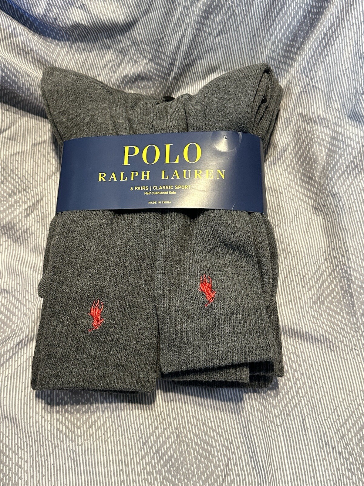 Polo Ralph Lauren Classic Sport Confezione 6 Paia Calze Crew Grigio Rosso Pony Imbottite