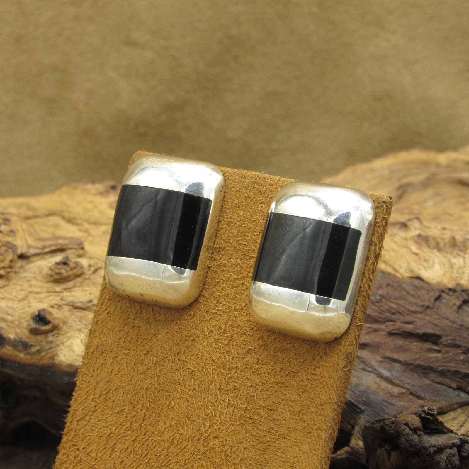Sterling Silver and Black Rectangle Post Earrings… - image 3