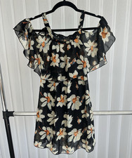 Women’s Size S Black/White/Orange Floral Chiffon Off-Shoulder Ruffle Dress