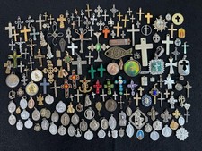 176PC Vintage - Now Religious Cross Pendant Charm Jewelry LOT Catholic Medals