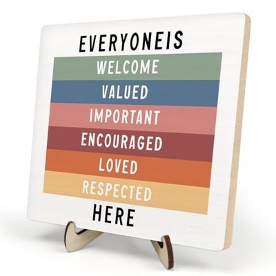 Everyone Is Welcome Here Wooden Plaque Sign Desk Decor, Boho Classroom Welcome 