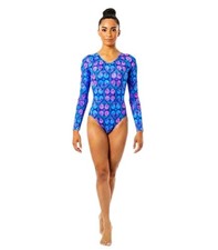 GK Elite VTG Retro 70s Geometric Blue Pink Cotton LS Leotard Bodysuit AS Adult S