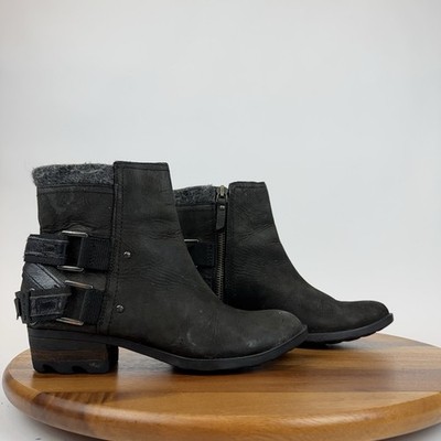 Womens Sorel Lolla Black Nubuck Leather Waterproof Buckle Harness Boots Size 8 M