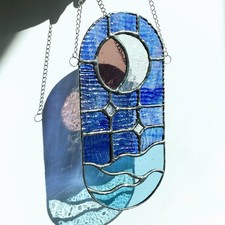 Stained Glass Moon  Stars Suncatcher - Boho Night Sky Decor - Hanging Decor