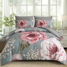 Floral Comforter Set Size 7 Pieces Bed in a Bag,Pink Flower Print Queen Gray