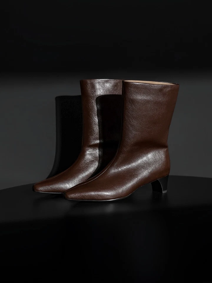 Botas francesas para mujer de cuero genuino a media pantorrilla retro tacón grueso botas de moda talla Foto 4 de 4