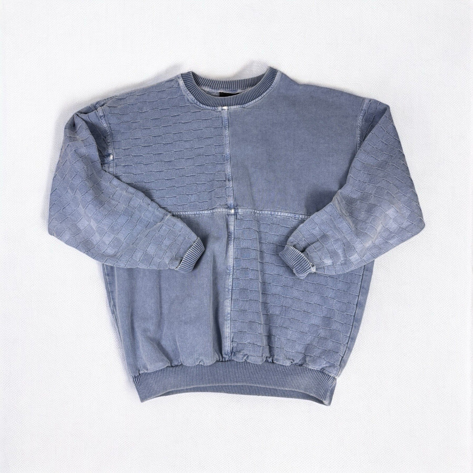 Blue Textured Patchwork Pullover Crewneck Sweatsh… - image 1
