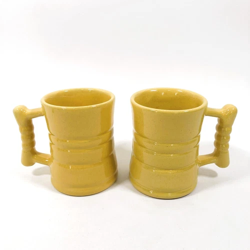 Vintage Frankoma Pottery C3 Barrel Mugs Chunky Handle Yellow Set of 2