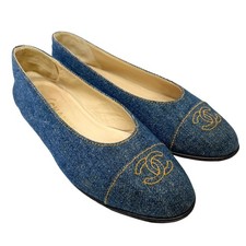 CHANEL Vintage 97P CC Mark Logo Denim Flat Shoes 36 Stitch Blue Beige Cotton