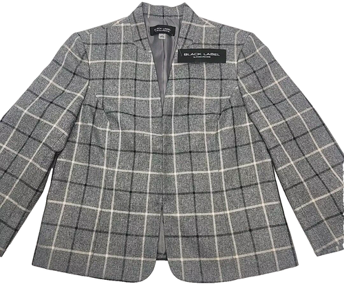 Evan Picone Blazer Jacket Size 14 Gray Check Open Front Lined 3/4 Sleeve NEW