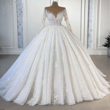 white Lace Of V-Neck Full Sleeve Wedding Dress Beading Pearls Bridal Gowns