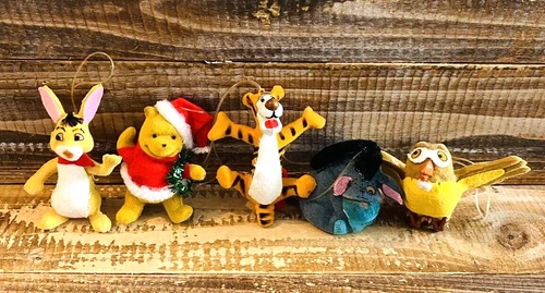 5 Vintage Flocked Winnie Pooh Tigger Eeyore Owl Rabbit Christmas Ornaments
