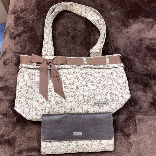 Longaberger Beige/Brown Flower Print Ribbon Trim Purse/ Wallet Combo Preowned ZV11551 Longaberger Beige/Brown Flower Print Ribbon Trim Purse/ Wallet Combo Preowned ZV11551