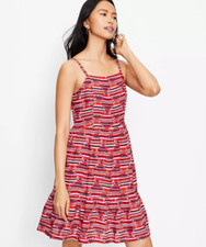 NEW LOFT Smocked Fit Flare Dress Red Boho Aztec Tiered Square Neck Size 2P