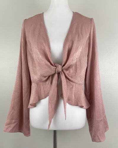 Missguided Front Tie Peplum Blouse Pink Shimmer Dressy Party Shirt Womens sz 8 - Picture 2 of 5