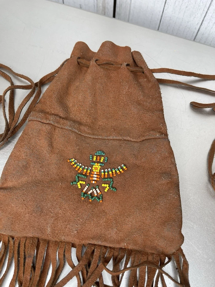 Vintage Native Genuine Leather Beaded Crossbody Drawstring Bag w/Fringe BOHO - Image 2 of 4