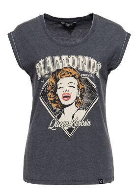 QUEEN KEROSIN Damen Enzym Wash T-Shirt mit Frontprint im 50s Stil Diamonds