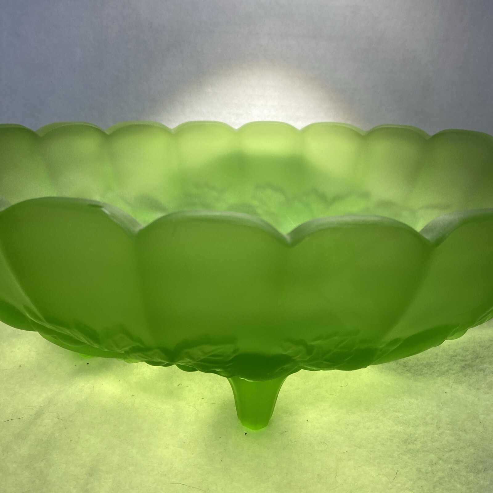 Vintage Frosted Green Satin Glass Oval Footed Fruit Bowl 12