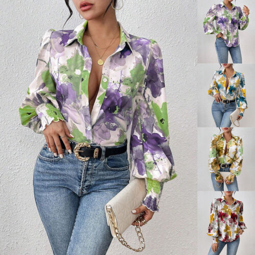 Womens Floral Button Long Sleeve Puff Sleeve Turn-down Collar T-shirt Blouse Top