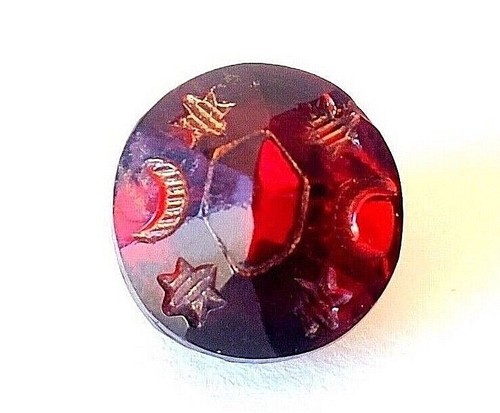 Div I Red Glass Tingue Cousin Antique Button-Stars & Crescent Moons on Border - Picture 3 of 4