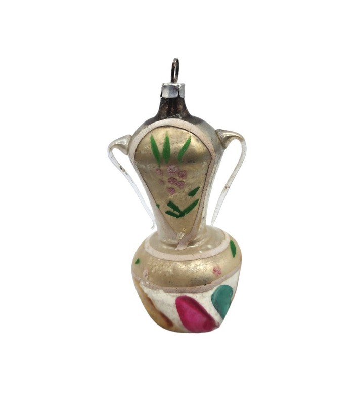 Vintage Blown Glass Christmas Ornament Handpainted Urn Vase Teapot German 3"
