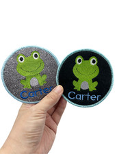 Custom Glittered Felted Iron-on Baby Frog Name Tag Patch