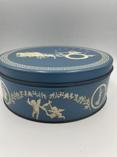 Vintage Round Tin Greek Key Pattern Chariot Horses Blue White Charioteer Decor - Picture 5 of 10