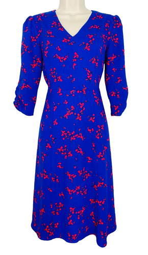 ANN TAYLOR blau rot geblümtes Kleid, 40er Jahre Stil 3/4 Arm Raffung Midi 0 XS