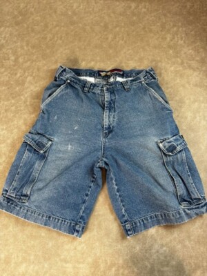 OTB Mens Cargo Denim Shorts Y2K Baggy Light Wash High Rise Cotton 34