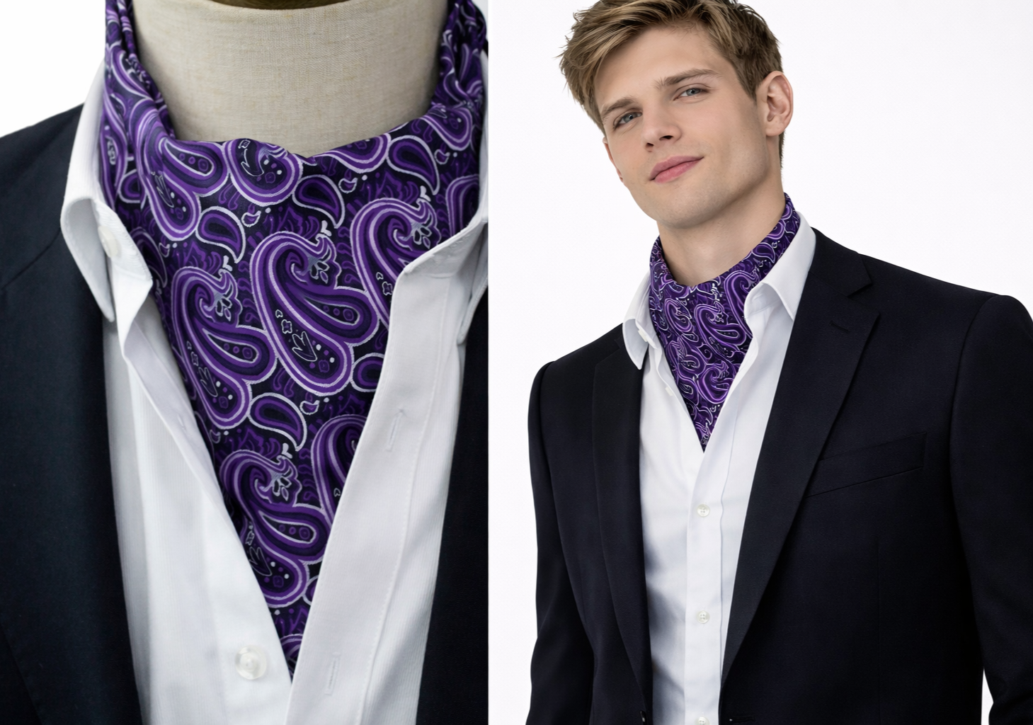 Men's Ascot Cravat Scarf Paisley Tie Silk Purple Blue Silver Fancy Black UK