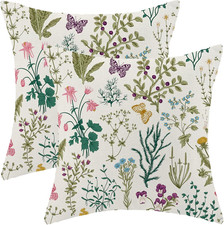 Spring Pillow Covers 18x18 Inch Set of 2,Sage Green Teal Wild Flower Plant Throw