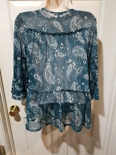 Blusa verde transparente Ava & Grace con estampado de cachemira blanca mangas 3/4 talla pequeña - Imagen 5 de 7