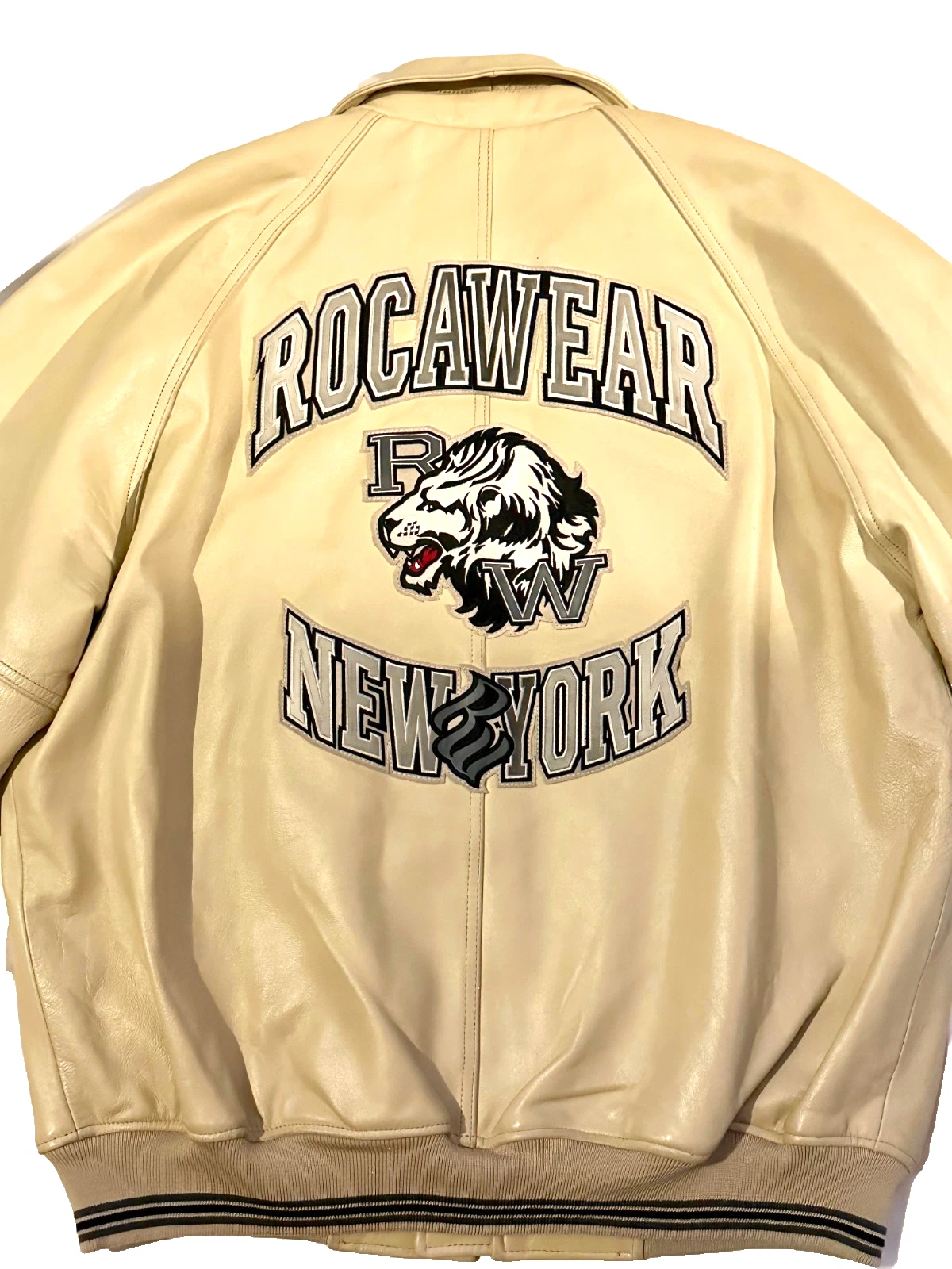 RARE Vintage Y2K Rocawear "Lion Head" Leather Varsity Jacket Beige Black Sz XL image 1