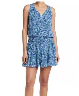 Ramy Brook Perry Dress Small Blue Green Print Sleeveless Smocked Mini Dress