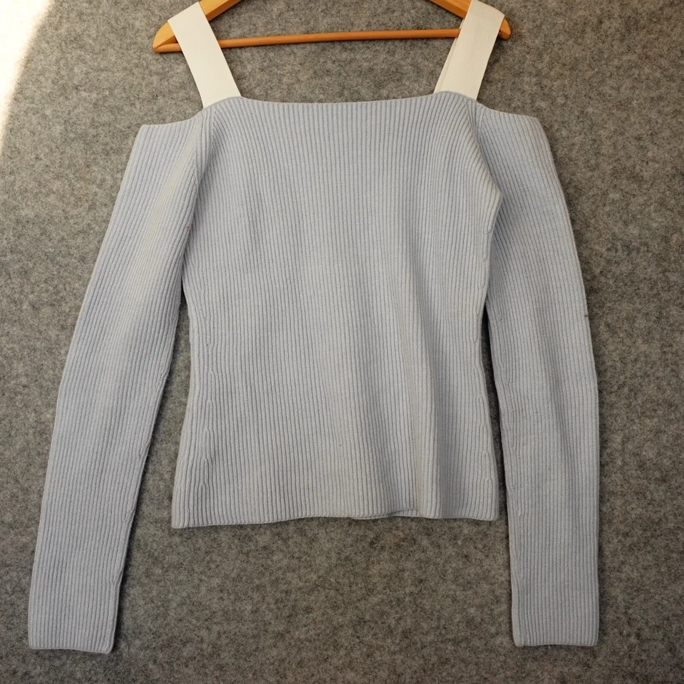 HELMUT LANG Ribbed Cold Shoulder Sweater Womens S Ice Blue Luxury Soft Girl Y2K - Image 2 of 4