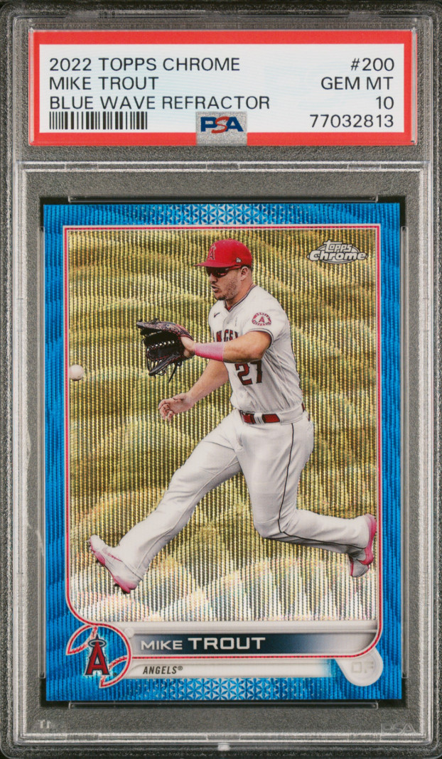 2022 Topps Chrome #200 Mike Trout Blue Wave Refractor #/75 PSA 10 view 1