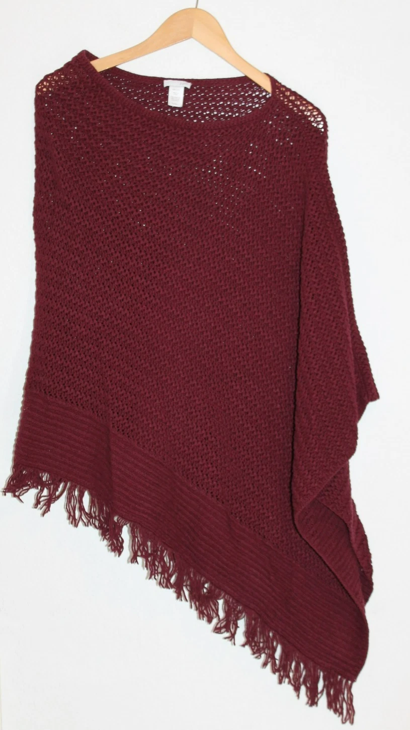 J Jill Poncho Burgundy Fringed Knit One Size cotton/wool blend Winter